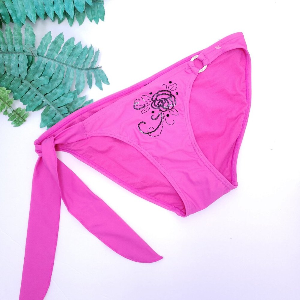MED Pink Bikini Bottom Ties Ring Rose Sequins Smart & Sexy medium 8 10 Barbie